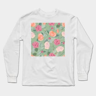 Blended Floral Roses in Orange Fuchsia and Green Long Sleeve T-Shirt